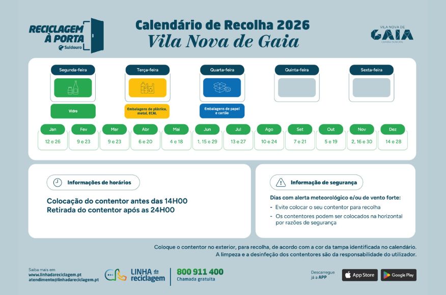 CALEND&Aacute;RIO DE RECOLHA DE LIXO E RECICLAGEM 2026